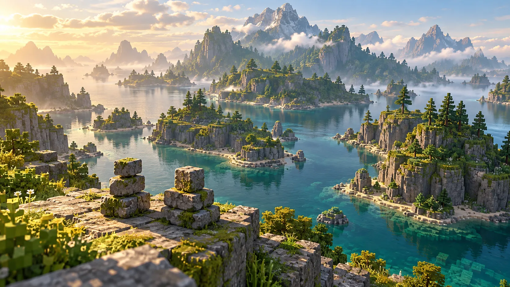 Original concept art: Moss-covered islands divided by calm teal water; not gameplay.