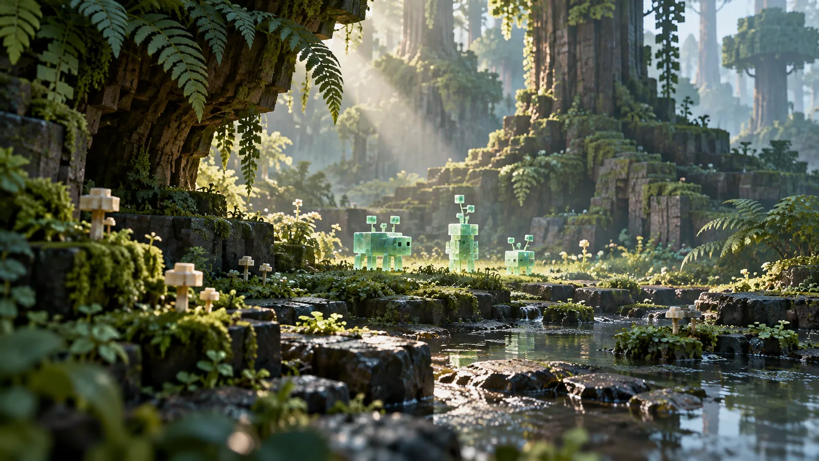 Original concept art: Imagined small cuboid creatures in a forest clearing; not gameplay.