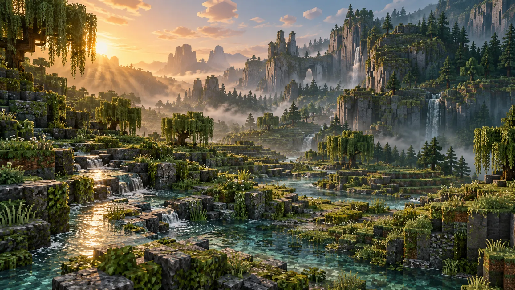 Original concept art: Terraced mossy cliffs and a winding stream; not gameplay.