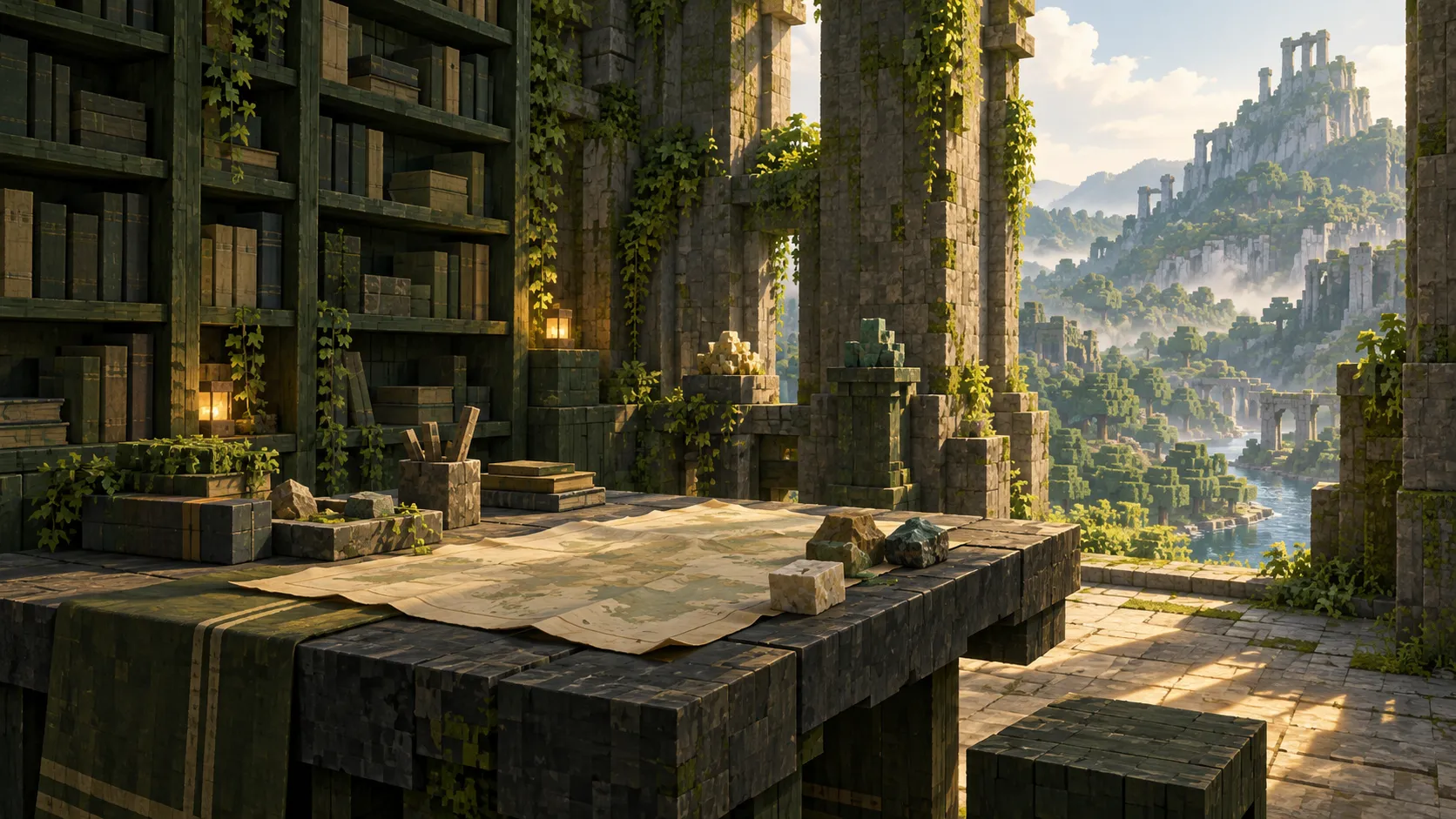 Original concept illustration of a field-guide library; not a Minecraft screenshot.