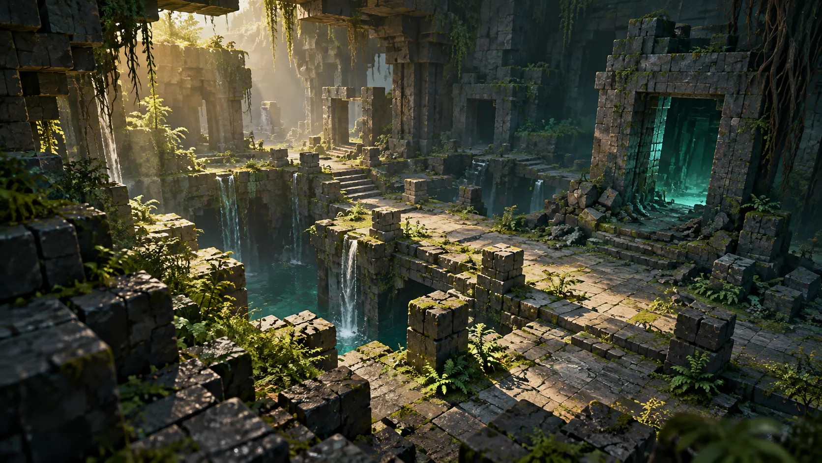 Original concept art: A weathered stone courtyard with an imagined teal doorway; not gameplay.